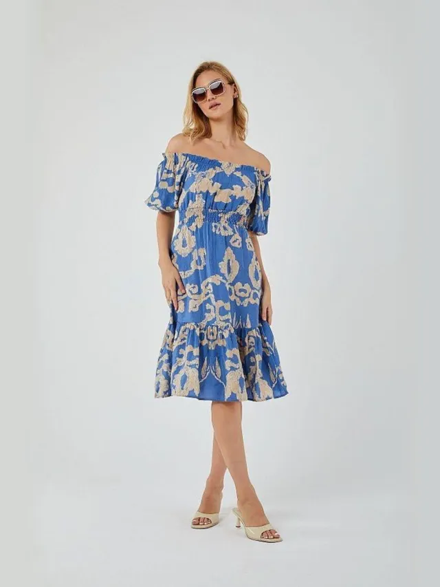 Mixray Bloemenmotief Off-Shoulder Midi-jurk met Strikdetail Hemelsblauw