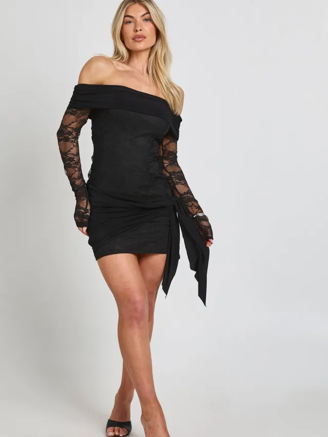 boohoo Dames Kanten En Glanzende Mix Bardot Bodycon Jurk Zwart