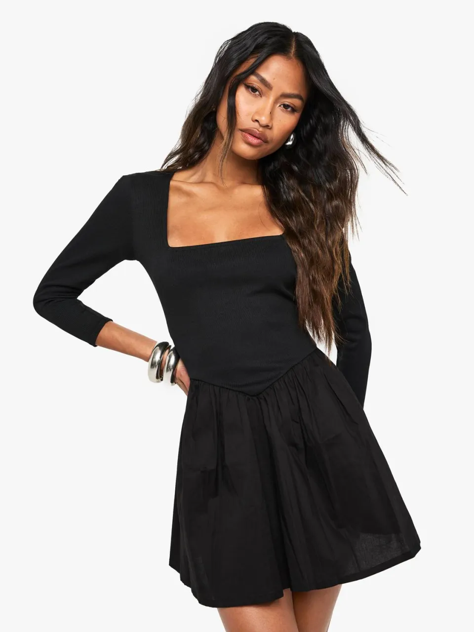 boohoo Dames Jersey Rib Cotton Mix Langarm Mini Jurk zwart, foto 3