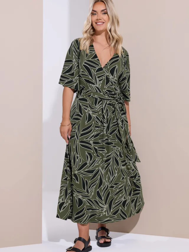 Yours Khaki Groene Blad Wikkel Maxi Jurk Green