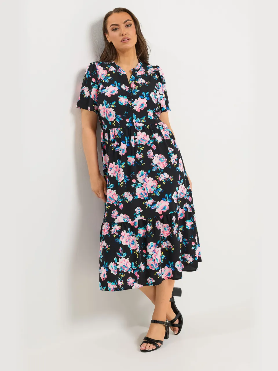 Yours Zwarte Jurk Met Bloemenprint En Halve Knoopsluiting, foto 2