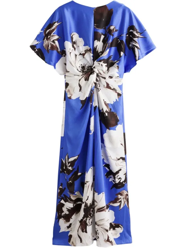 Next Dames - Getextureerde satijnen midi-jurk met korte mouwen en gedraaide voorkant - Blauw Cobalt Blue Floral Print