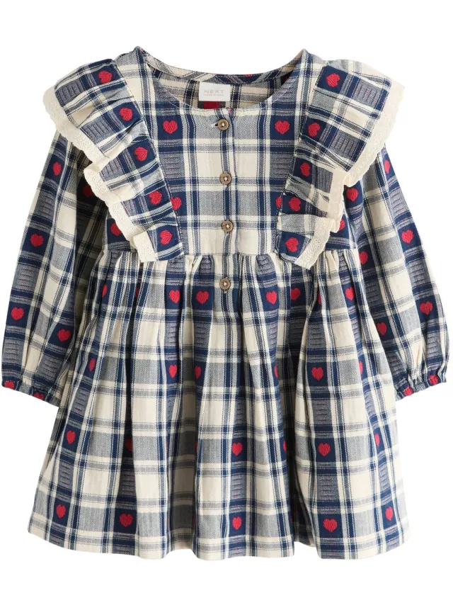 Next Meisjes - Jurk met lange mouwen en kraag met ruches - Blauw Navy Blue Heart Check