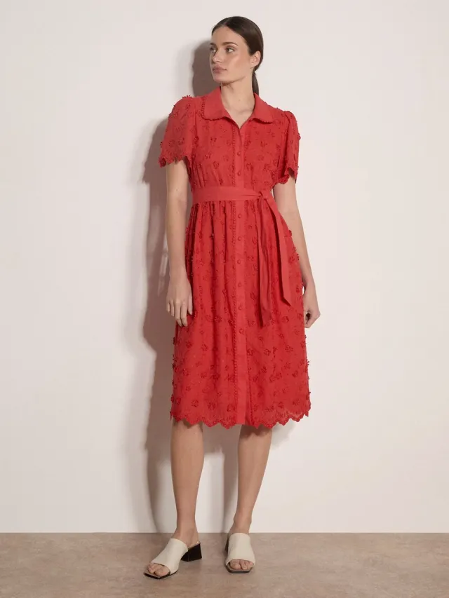 Apricot Midi-jurk van katoen met bloemenborduursel Rood