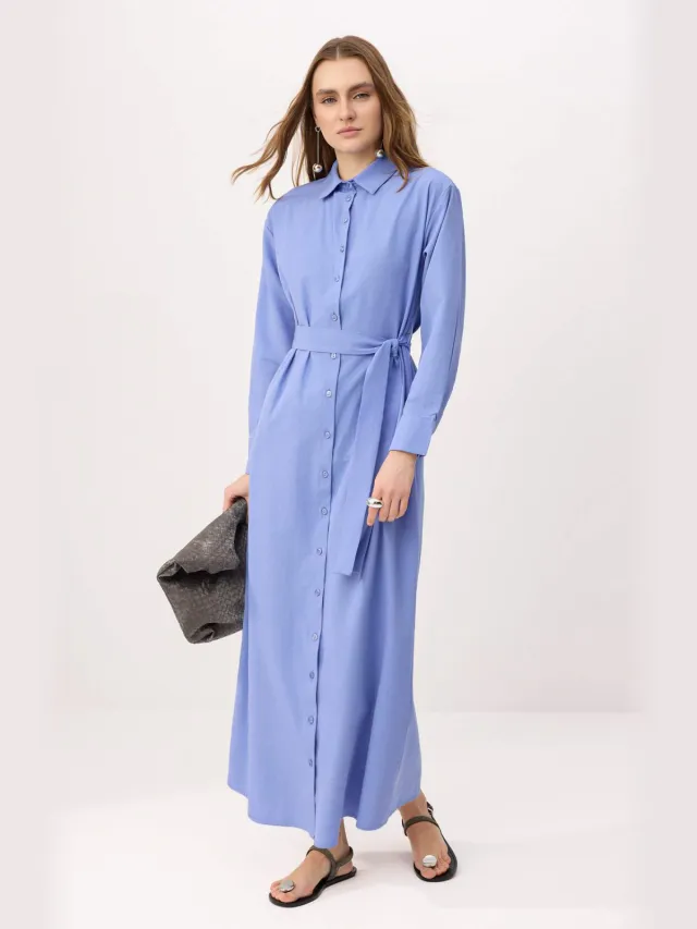 Trendyol Modest Dames Blauw Effen Maxi Lang Casual Blousejurk Modest Jurken