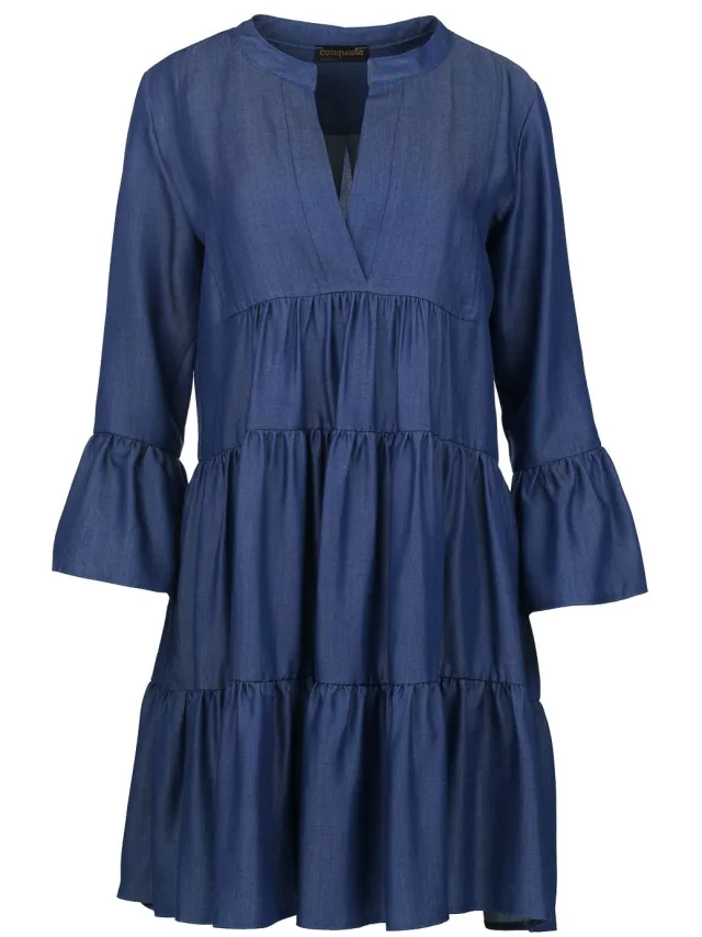 Conquista Denim jurk met geplooide naden Indigoblauw