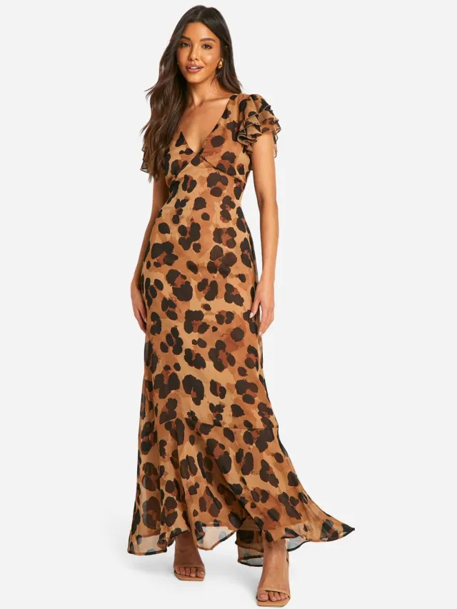 boohoo Dames Luipaard Crinkle Chiffon Engelenmouw Maxi Jurk Bruin