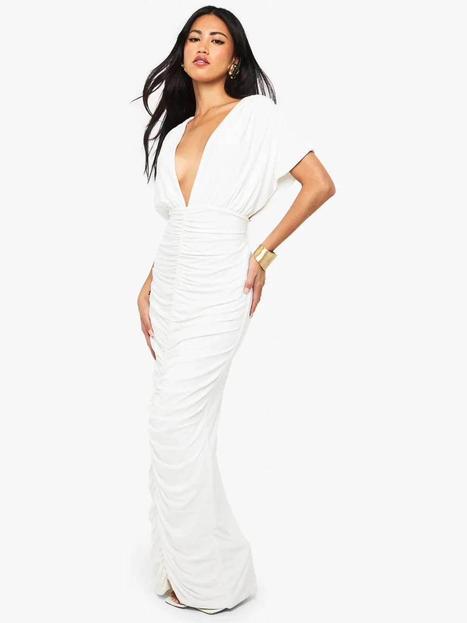 boohoo Dames Dubbele laag gerimpelde diepe V-hals batwing maxijurk crème, foto 3