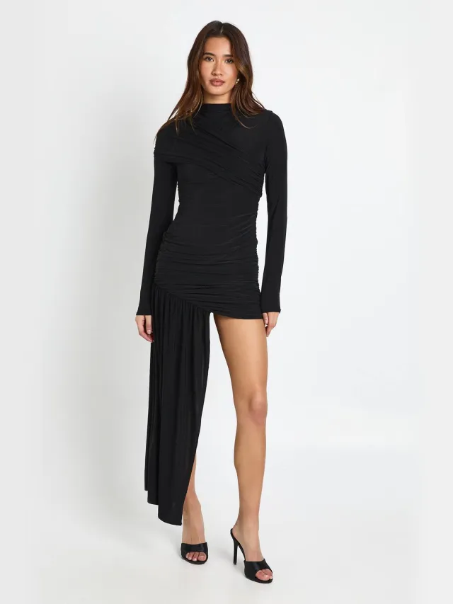 boohoo Dames Minijurk met hoge hals en draperie Zwart