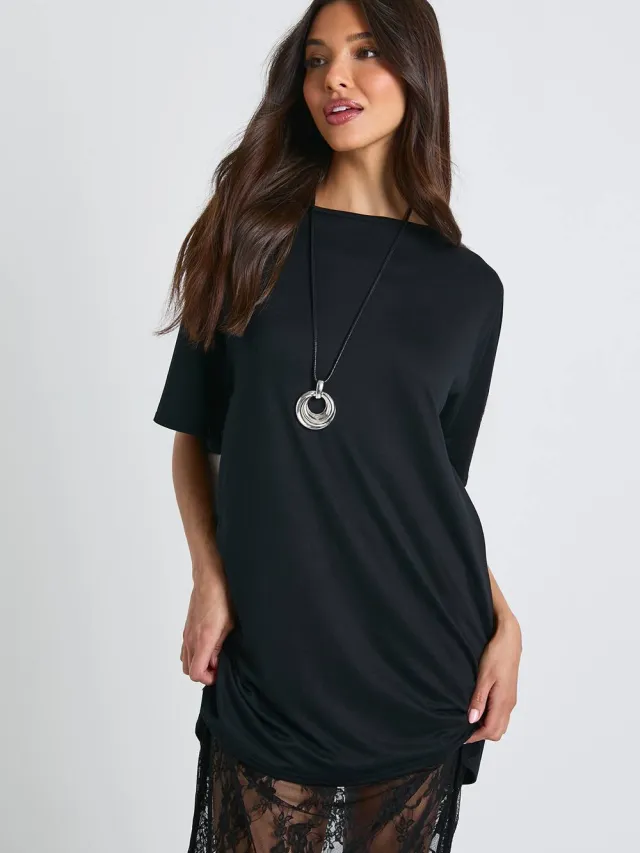 boohoo Dames Midaxi T-shirtjurk met kanten details Zwart