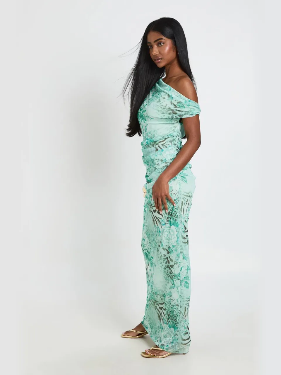boohoo Dames Maxi Jurk Met Gemengde Dierenprint En Mesh Stof Met Off-shoulder Hals aqua, foto 3