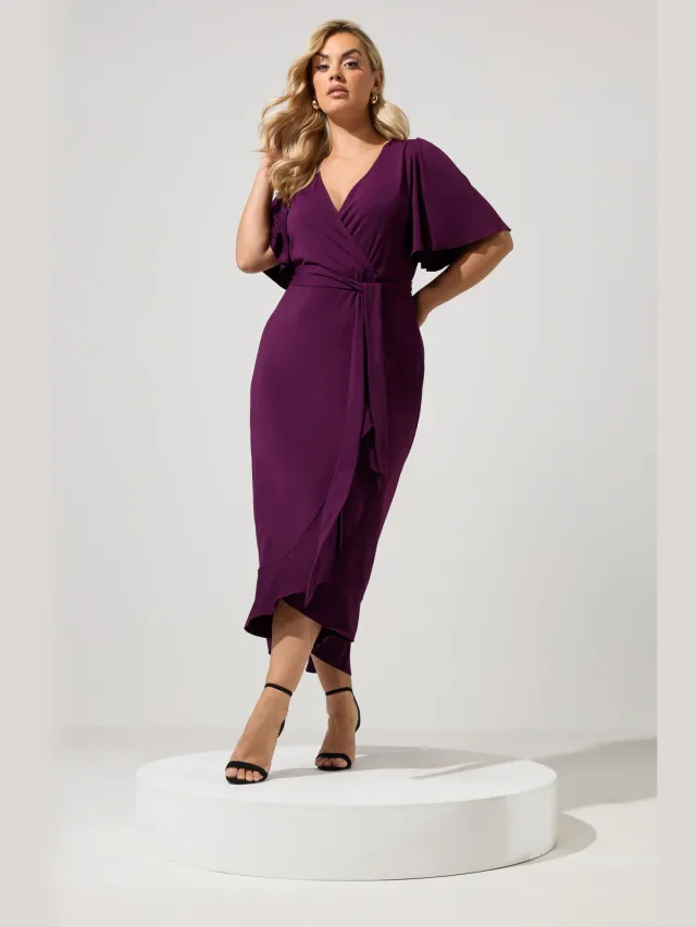 Yours London Paarse Wikkelmaxijurk Met Korte Mouwen En Ruches-56 Purple