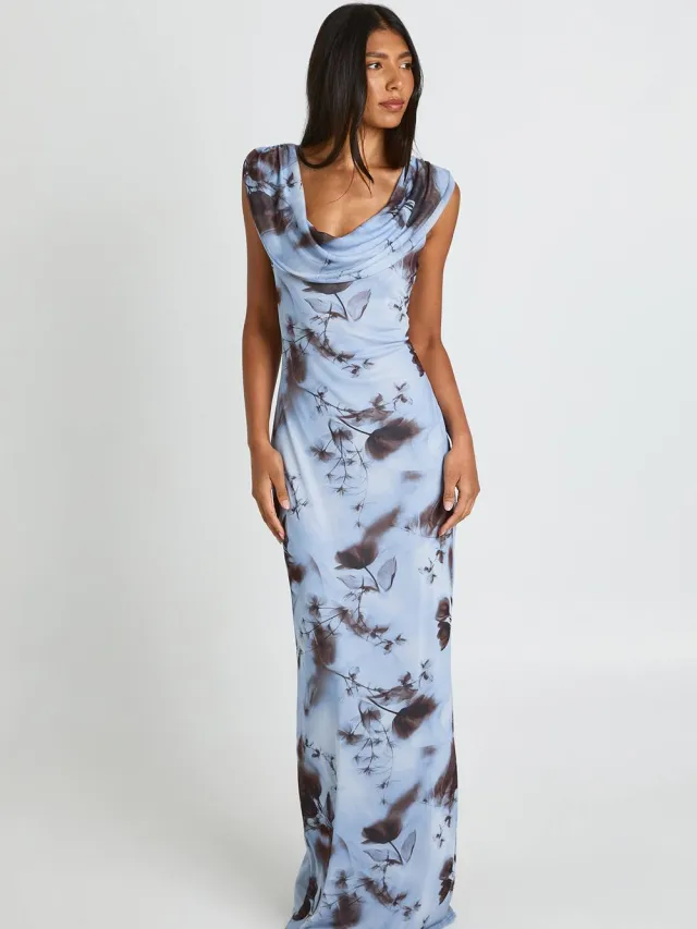boohoo Dames Lange Bloemen Mesh Wijde Waterval Maxi Jurk Pastelblauw