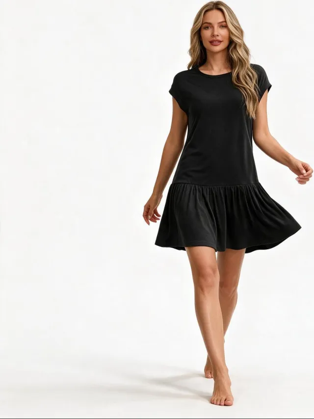 Imily Bela Dames T-shirtjurk met Korte Mouwen en Volantzoom Zwart