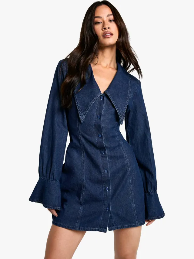 boohoo Dames Tall Collar Detail Denim Shift Dress Blauw