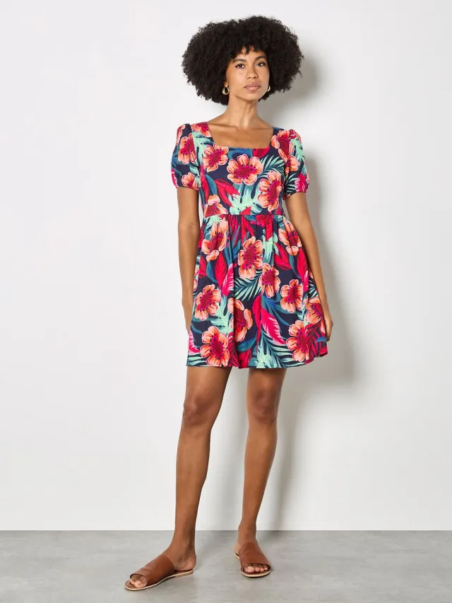 Apricot Mini-jurk met tropische bloemenprint Fuchsia