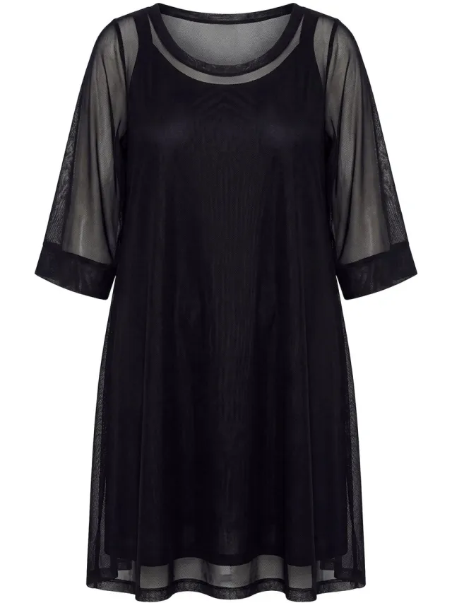 MIAMODA Dames - Mesh jurk A-lijn 3/4-trompetmouwen - Zwart