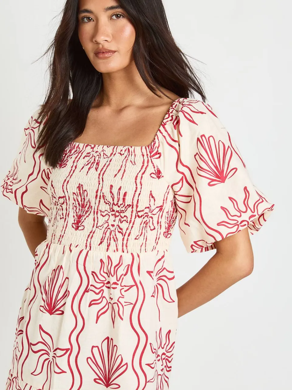 boohoo Dames Schelp Print Linnen Look Volume Mouw Gelaagde Midaxi Jurk rood, foto 4