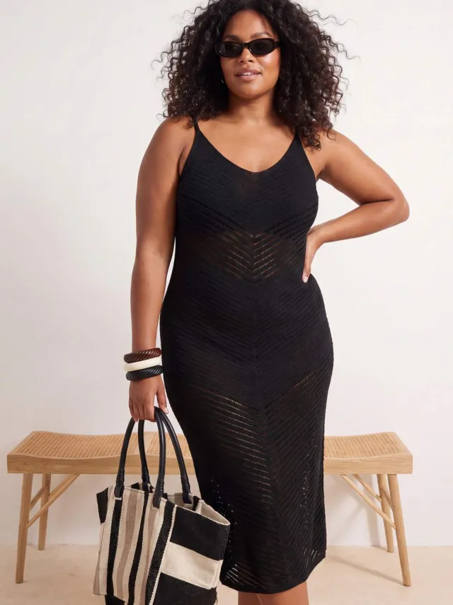 Trendyol Curve Dames Zwart Ajour Midi Mouwloos Strandkleding A-lijn Grote maten Jurk
