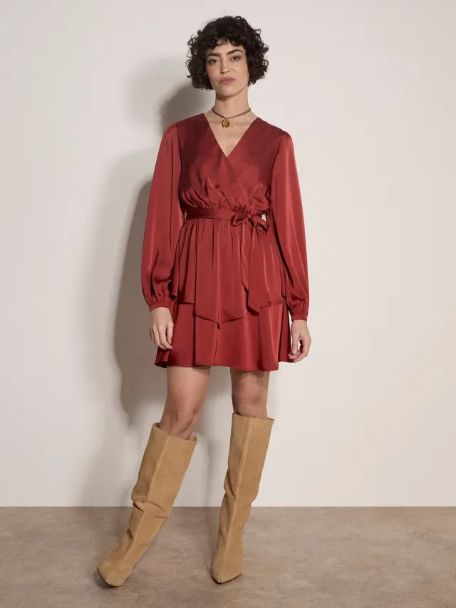 Apricot Satijnen mini-jurk met overslag Burgundy