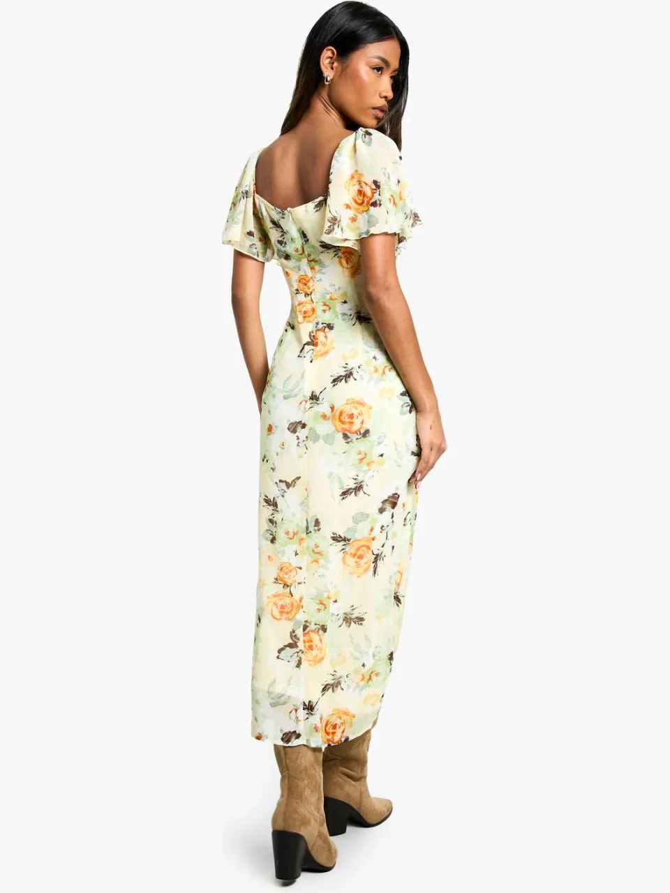 boohoo Dames Floral Angel Sleeve Midaxi Jurk citroen, foto 2