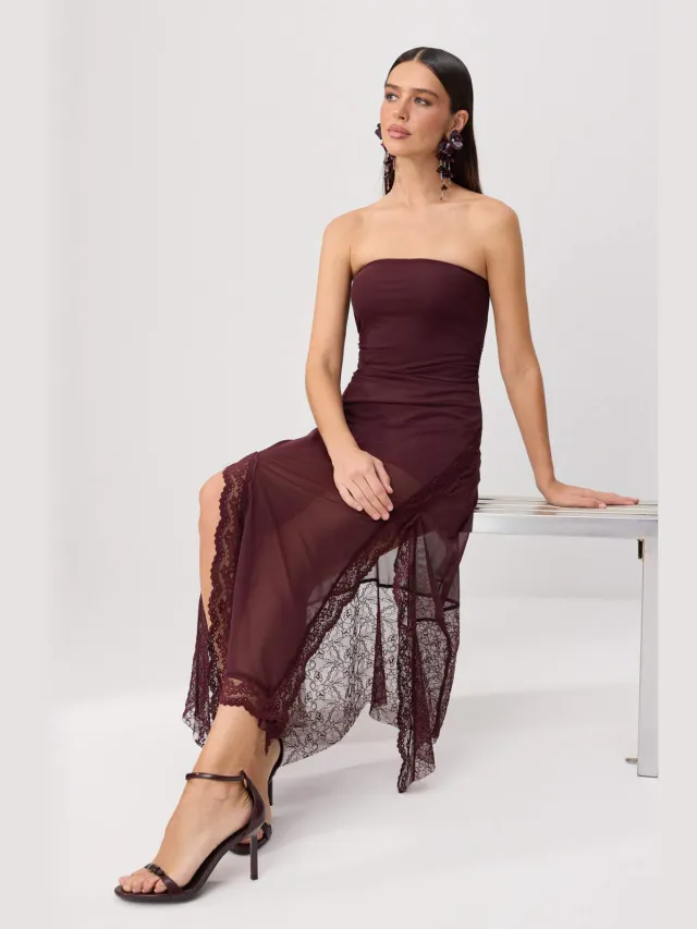 Trendyol TRENDYOLMİLLA Dames Bordeaux Effen Maxi Mouwloos Skater Avond & Gala Jurk Bordeauxrood