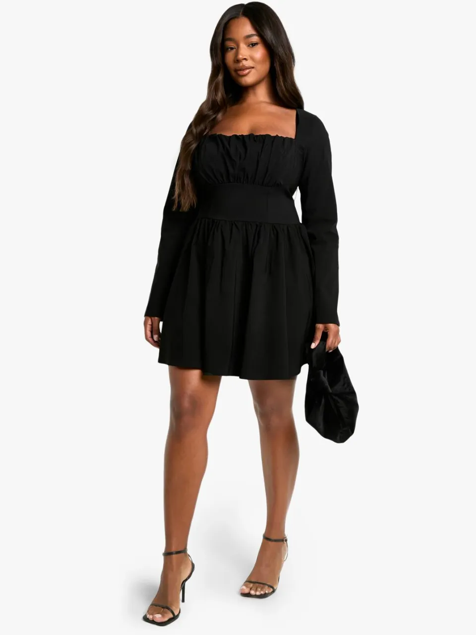 boohoo Dames Plus Bengaline Corset Jurk met Lange Mouwen en Skaterrok zwart, foto 2