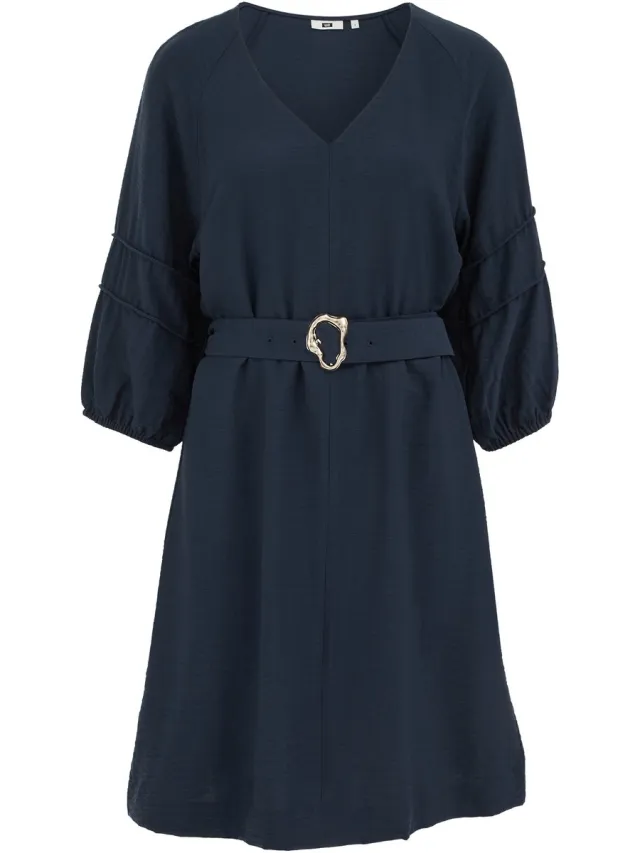 WE Fashion Dames jurk met ballonmouwen en ceintuur donkerblauw