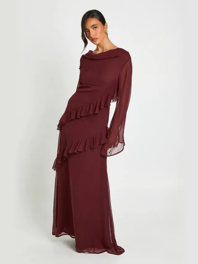 boohoo Dames Chiffon Maxi Jurk Met Col Hals En Ruche Detail Chocoladebruin