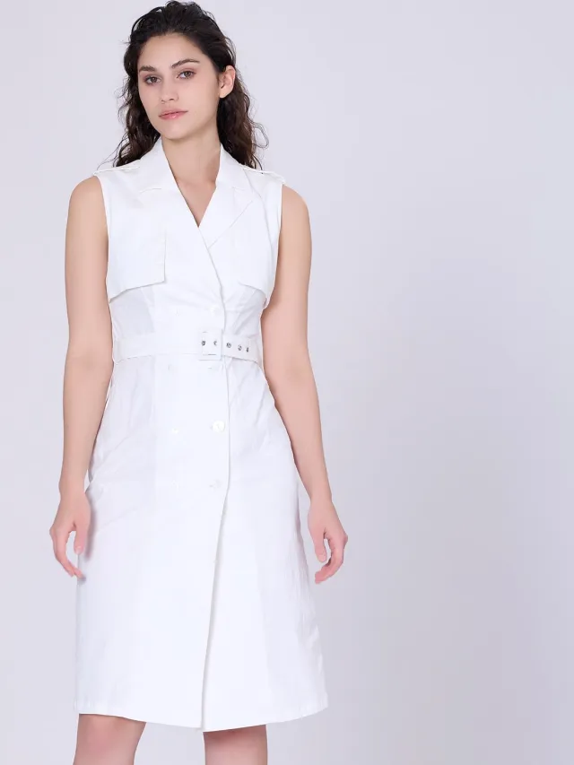 Smart & Joy Trench -stijl mouwloze jurk met dubbele borsten Wit