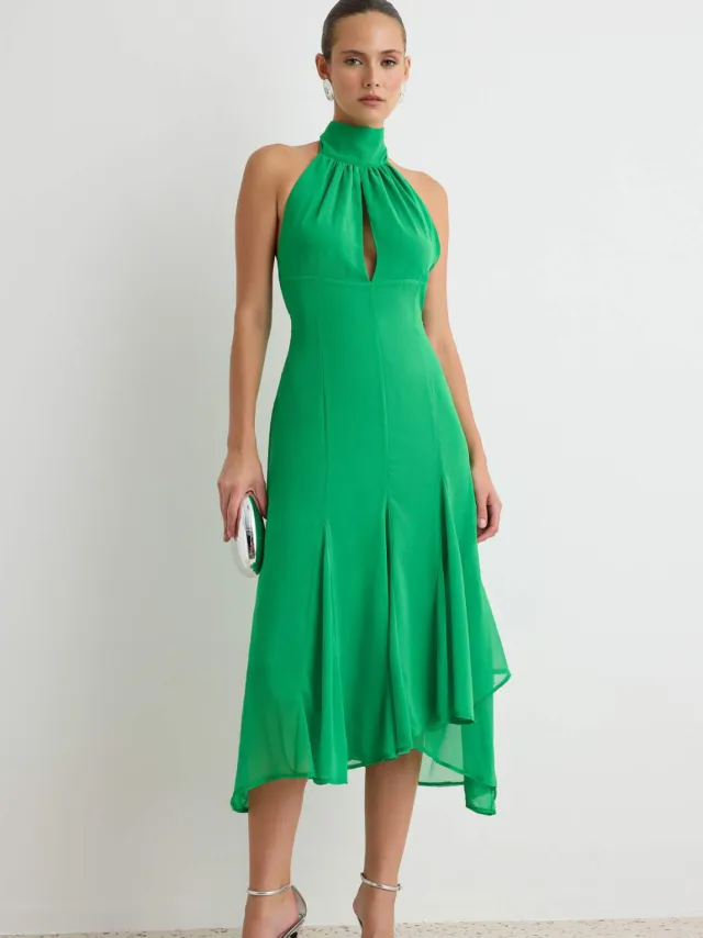Trendyol TRENDYOLMİLLA Dames Groen Effen Midi Mouwloos Asymmetrisch Jurken