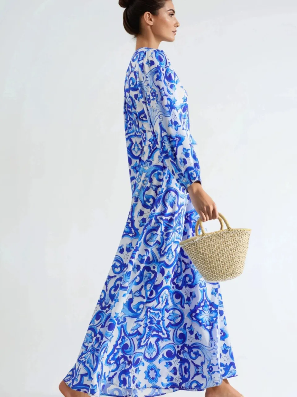 MSN Collection Geprinte V-hals Maxi-jurk met Lange Mouwen lichtblauw, foto 2