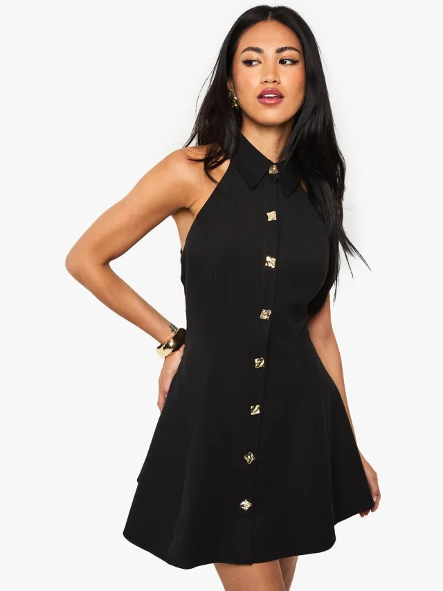 boohoo Dames Gouden Knop Getailleerde Mouwloze Shirt-Minijurk Zwart