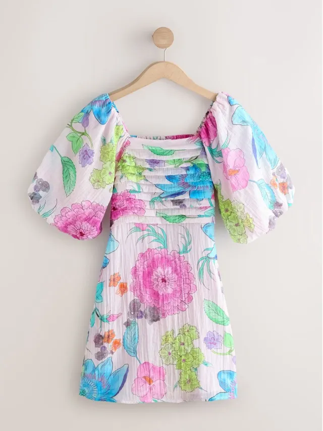 Next Dames - Mini-feestjurk met pofmouwen - Wit Pink/Blue Floral Print