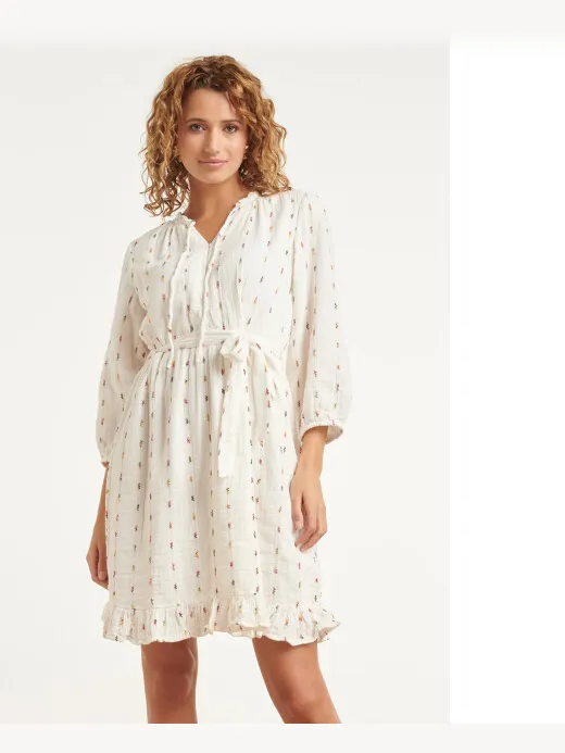 Smashed Lemon Witte jurk met subtiele multicolor details en ceintuur Ecru
