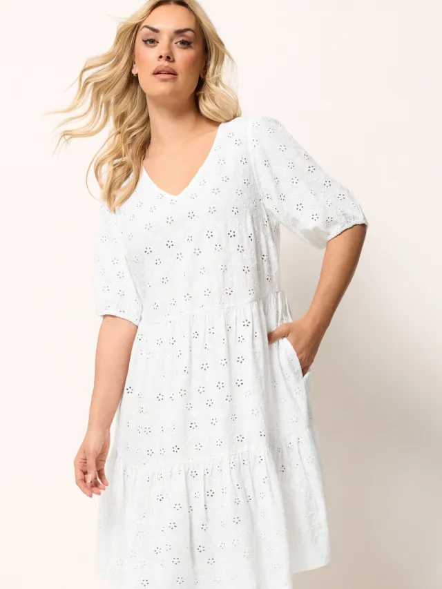 Yours Witte Gelaagde Jurk Met Broderie Anglaise-52 White