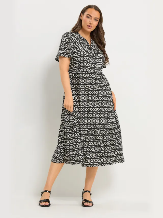 Yours Zwarte Jurk Met Ikatprint En Halve Knoopsluiting-60 Black