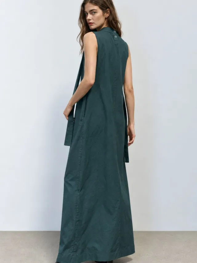 MyFashion Mouwloze maxi-jurk met ceintuur en ronde hals Donkergroen