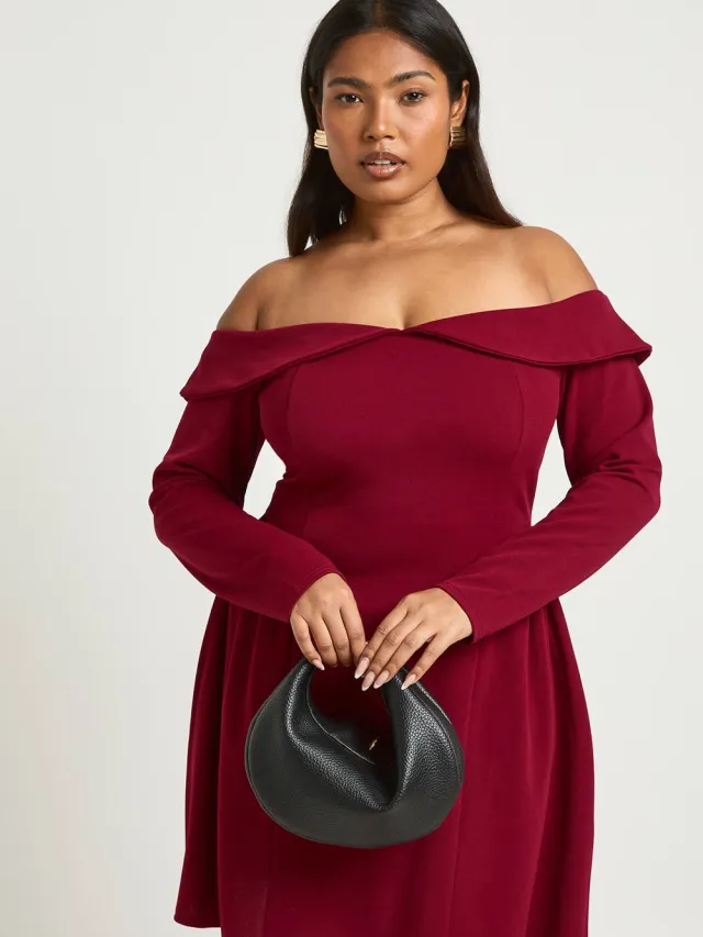 boohoo Dames Plus Bardot Wijde Rok Mini Jurk Bordeaux Rood
