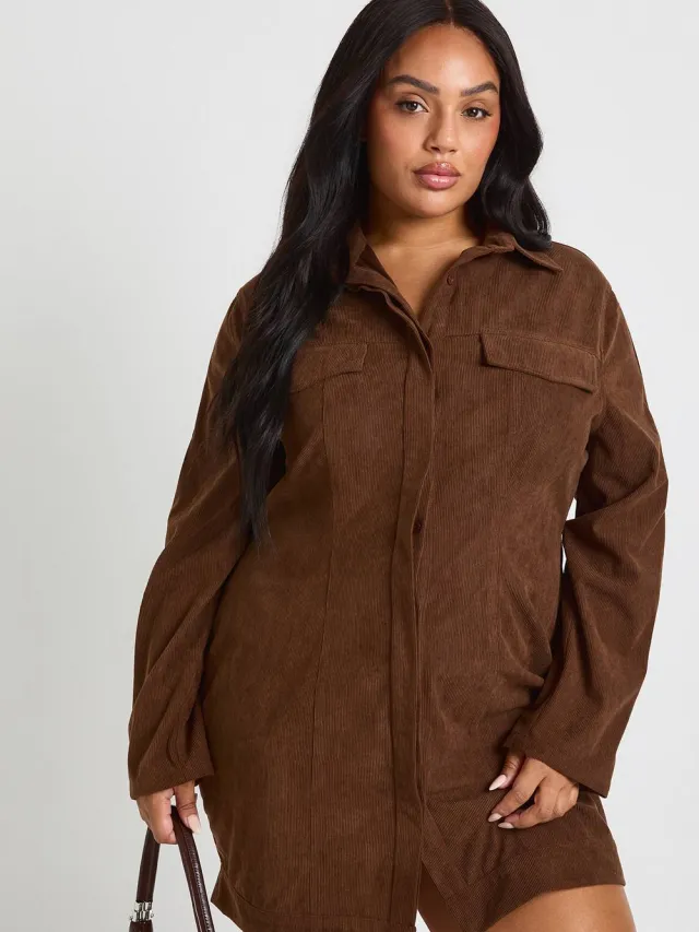 boohoo Dames Plus Cord Overhemdjurk met Getailleerde Taille chocoladebruin, foto 2