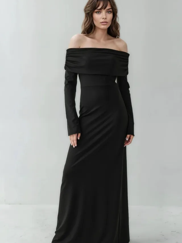Hiccup Off-shoulder maxi jurk met split Zwart