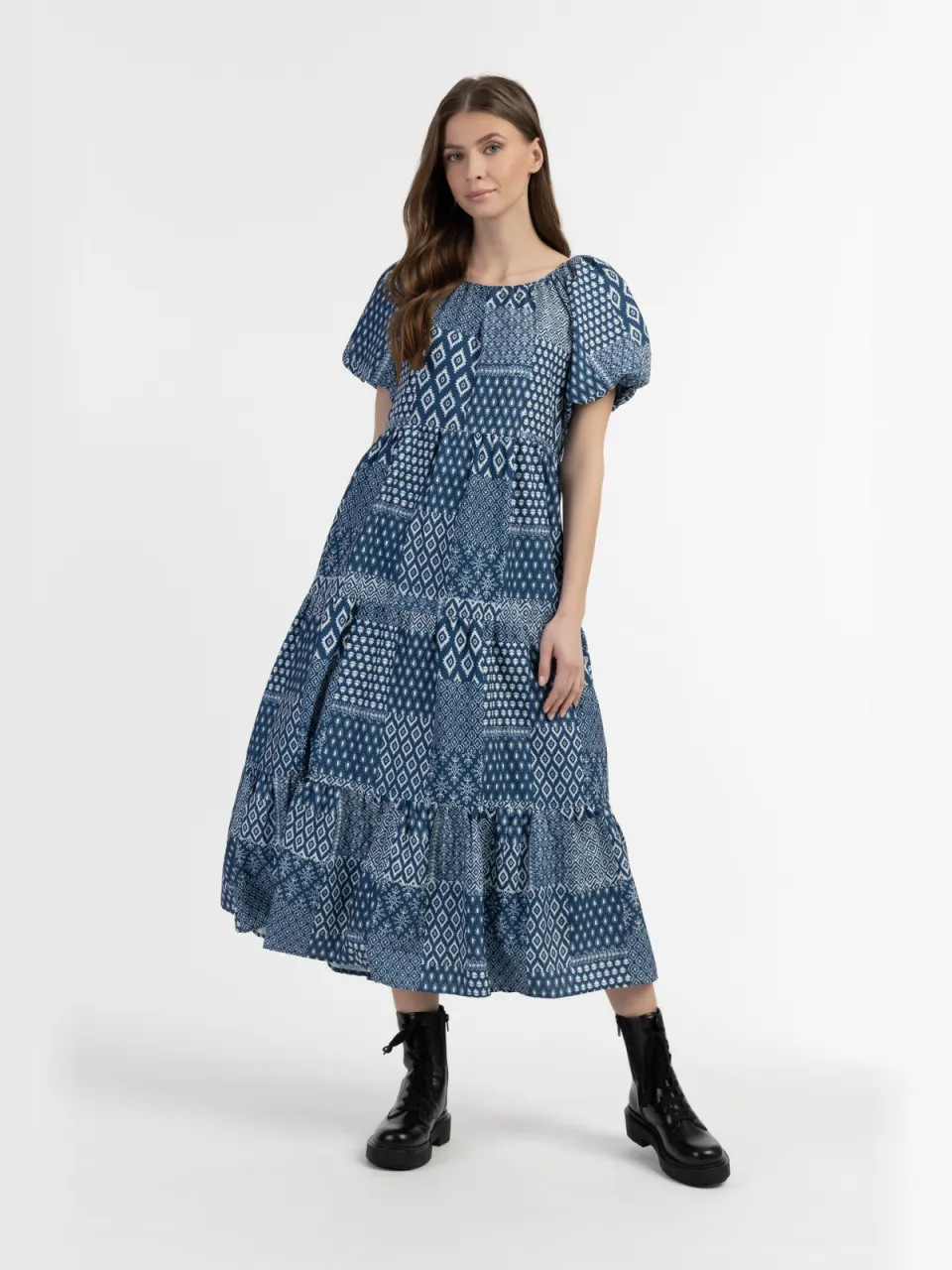 dreimaster Maxi-jurk met korte mouwen Dames Donker marineblauwe print