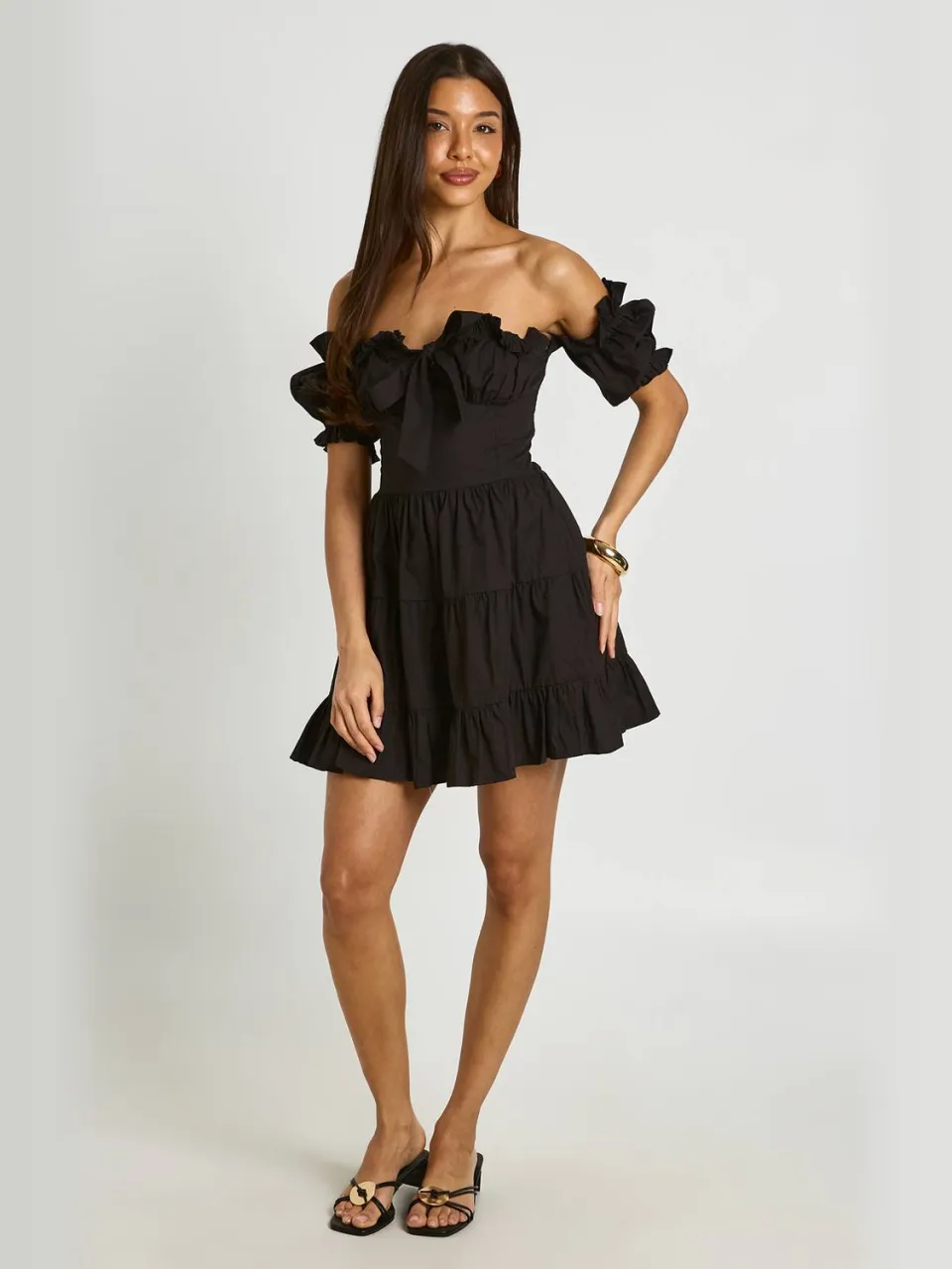 boohoo Dames Mini Jurk Met Gerimpelde Buste En Pofmouwen zwart, foto 3