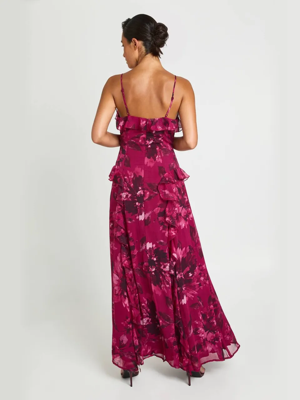 boohoo Dames Bloemen Chiffon Maxi Jurk Met Ruches Detail pruim, foto 3