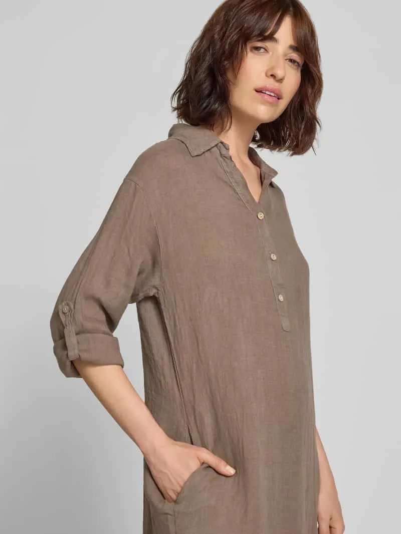 Zabaione Knielange linnen jurk met overhemdkraag model 'Li44ana' taupe, foto 4