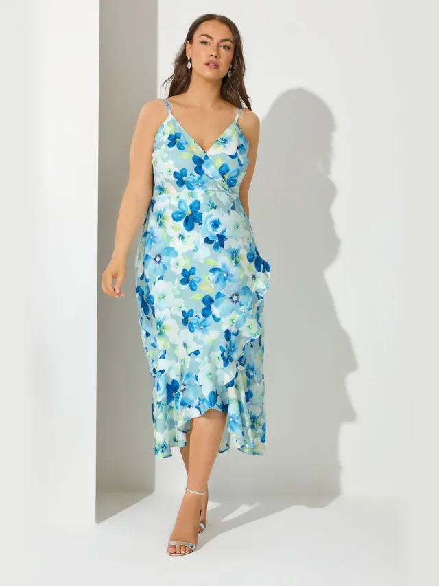 Yours London Wikkeljurk Met Bloemontwerp En Camibandjes In Blauw Blue