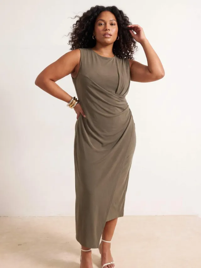 Trendyol Curve Dames Kaki Effen Maxi Mouwloos Recht Grote maten Jurk