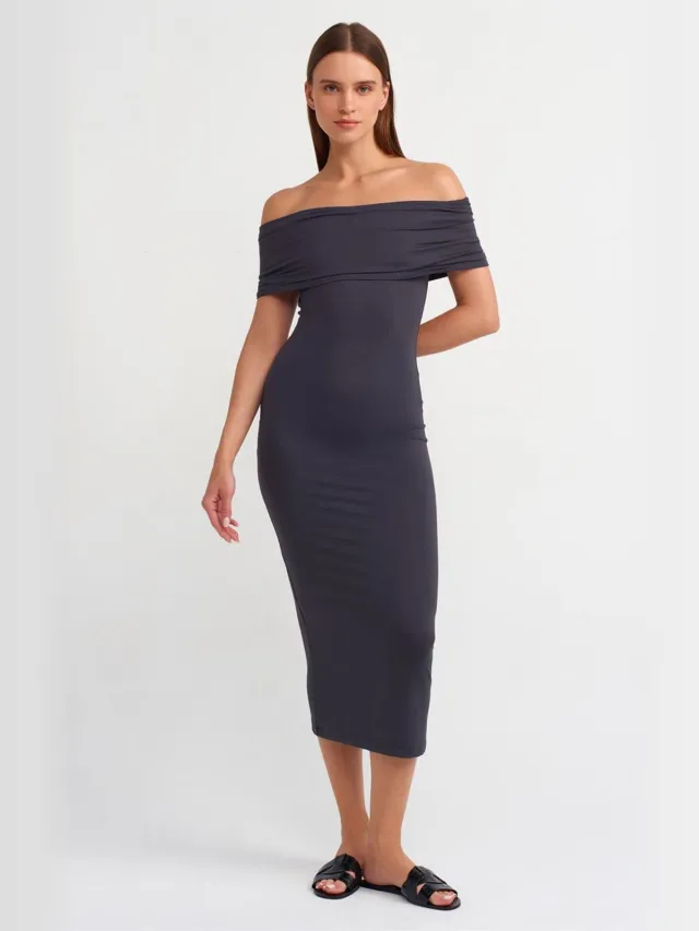 Dilvin Schoudervrije Bodycon Midi Jurk Marineblauw