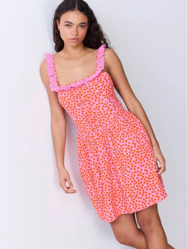 Next Dames - Mini-zomerjurkje met ruchesrand - Roze Pink Spot