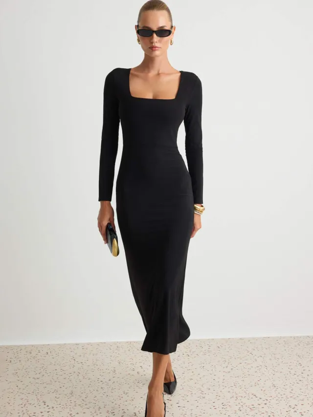 Trendyol TRENDYOLMİLLA Dames Zwart Effen Maxi Lang Avond / Dagelijks Bodycon Jurken